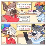 1:1 allcaps anthro backwards_baseball_cap backwards_hat balloon bandage baseball_cap birthday birthday_cake birthday_candle black_nose blue_clothing blue_shirt blue_t-shirt blue_topwear brown_body brown_fur cake canid canine clothing collared_shirt comic dessert dialogue duo english_text food fur gesture half-closed_eyes hand_gesture hat headgear headwear hi_res humiliation hyena inflatable inside insult male mammal mushketeery mushy_(mushketeery) mushy_(mushketeteery) narrowed_eyes pastry pattern_clothing pattern_shirt pattern_t-shirt pattern_topwear pie pie_in_face polo_shirt recording red_polo_shirt red_text revenge shirt signature speech_bubble stoki_(character) striped_clothing striped_shirt striped_t-shirt striped_topwear stripes t-shirt text tongue tongue_out topwear v_sign yellow_clothing yellow_shirt yellow_t-shirt yellow_topwear