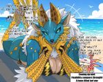 anthro beach big_breasts bikini blush breasts capcom claws clothed clothing english_text fanged_wyvern female fur hair horn implied_pubes leviathan_(mh) mizutsune monster_hunter outside pubes sand scales scalie seaside sky solo swimwear text two-piece_swimsuit water wonderin_dragon zinogre