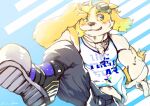  anthro biceps blush boots canid canine canis clothing domestic_dog eyewear floppy_ears footwear fur goggles hi_res hisaki_(live-a-hero) live-a-hero male mammal multicolored_body multicolored_fur shimazanbagu solo 