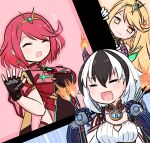  3girls anger_vein breasts crossette_(xenoblade) fire fireworks gloves jewelry large_breasts multicolored_hair multiple_girls mythra_(xenoblade) paskmel pyra_(xenoblade) short_hair super_smash_bros. xenoblade_chronicles_(series) xenoblade_chronicles_2 