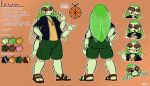 2_toes 3_fingers 4_arms absurd_res anthro arthropod black_clothing black_eyes black_jacket black_topwear blattodean bottomwear brown_clothing brown_footwear brown_sandals brown_sclera clothed clothing cockroach english_text exoskeleton eyebrows feet felino fingers fletcher_(farflord) footwear front_view green_banana_cockroach green_body green_bottomwear green_clothing green_exoskeleton green_shorts hi_res insect insect_wings jacket jewelry looking_away male mandibles model_sheet multi_arm multi_limb multiple_expressions necklace orange_background raised_eyebrows rear_view sandals shirt shoes shorts simple_background smile smirk solo standing text toes topwear wings yellow_clothing yellow_shirt yellow_topwear