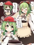  1girl apron black_dress blush bowl chibi commentary dress finger_in_mouth frilled_apron frills goggles goggles_on_head green_eyes green_hair gumi heart highres holding holding_bowl medium_hair mixing mixing_bowl multiple_views pachio_(patioglass) red_goggles red_headwear shirt speech_bubble spoken_heart tasting translated valentine vocaloid white_shirt 