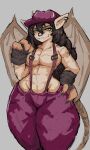 2026 3_fingers anthro back_wings big_breasts black_hair bottomwear breasts claws clothing deadlock_(game) digital_drawing_(artwork) digital_media_(artwork) ear_piercing facial_piercing fangs female female_anthro fingerless_gloves fingers freckles gargoyle gloves hair handwear hat headgear headwear hi_res horn ivy_(deadlock) littleteze long_hair messy_hair nails nose_piercing oversized_bottomwear oversized_clothing oversized_pants pants piercing pointy_ears pupils purple_bottomwear purple_clothing purple_hat purple_headwear purple_pants sharp_nails slit_pupils small_waist smile solo suspenders tail tan_body teeth thick_thighs valve wide_hips wings yellow_eyes yellow_sclera