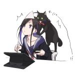  1girl ahoge animal bangs black_cardigan black_cat black_hair cardigan cat chair commentary_request drawing_tablet eyebrows_visible_through_hair green_eyes highres holding holding_stylus multicolored_hair neckerchief on_chair open_cardigan open_clothes original parted_bangs parted_lips purple_eyes purple_hair purple_sailor_collar red_neckwear sailor_collar shirt simple_background sitting solo stylus tama_(tama-s) translated triangular_headpiece two-tone_hair upper_body v-shaped_eyebrows white_background white_headwear white_shirt yurako-san_(tama) 