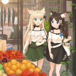  2girls animal_ear_fluff animal_ears apple bag bangs black_hair blonde_hair blue_eyes bow bracelet cat_ears cat_tail choker clenched_hand eyebrows_visible_through_hair facing_viewer fish food fruit green_eyes hair_bow highres jewelry long_hair market multiple_girls nekoze_(s22834712) open_mouth orange original parted_bangs tail tu_ya_(nekoze) 