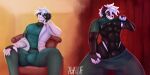 abs alvasir_(artist) anthro bonsai_(bonsaithewuff) bulge canid canine canis chair clothing collie domestic_dog fur furniture grin herding_dog hi_res latex latex_clothing latex_skinsuit male mammal muscular on_chair pastoral_dog sheepdog simple_background sitting sitting_on_chair skinsuit smile solo tight_clothing undressing_self white_body white_fur