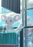  :d aircraft airplane airport artist_name brown_eyes cloud commentary_request day gen_5_pokemon highres luggage minccino no-goku_(penicillium) no_humans number open_mouth paws pokemon pokemon_(creature) sitting sky smile solo toes tongue window 