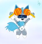 ambiguous_gender anthro blue_body blue_fur blue_pawpads blue_tail changed_(video_game) domestic_cat felid feline felis fur grey_body hi_res holographic_fur holographic_tail machine mammal maraca musical_instrument pawpads percussion_instrument prototype_(changed) robot screen screen_face simple_background siny solo tail white_body