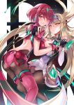  2girls blonde_hair breasts hinot jewelry large_breasts leggings long_hair multiple_girls mythra_(xenoblade) pantyhose pyra_(xenoblade) red_eyes red_hair skindentation super_smash_bros. xenoblade_chronicles_(series) xenoblade_chronicles_2 yellow_eyes 