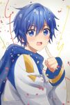 1boy birthday blue_eyes blue_hair blue_nails blue_scarf coat commentary confetti index_finger_raised kaito kikuchi_mataha looking_at_viewer male_focus open_mouth scarf smile solo streamers upper_body vocaloid white_coat 