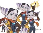 anthro bared_teeth belt blue_eyes bodysuit chibi clothing cybernetic_arm cybernetic_limb ear_piercing ear_ring eyewear eyewear_on_head female fluffy fluffy_tail fur gesture gloves goggles goggles_on_head hand_gesture handwear head_tuft leather leather_clothing leather_gloves leather_handwear lips lombax looking_at_viewer mammal markings multiple_poses nitroneato one_eye_closed orange_scarf piercing pink_lips pink_nose pointing pointing_at_another pose prosthetic prosthetic_arm prosthetic_limb purple_stripes ratchet_and_clank ring_piercing rivet_(ratchet_and_clank) robotic_arm scarf signature skinsuit smile smiling_at_viewer solo sony_corporation sony_interactive_entertainment striped_arms striped_ears striped_markings striped_tail stripes tail tail_markings teeth tight_clothing tuft v_sign white_body white_fur wink winking_at_viewer