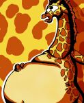 2016 ambiguous_gender anthro belly big_belly black_eyes brown_hair brown_spots fake_png giraffe giraffid hair hand_on_belly hi_res huge_belly long_neck mammal navel open_mouth overweight simple_background solo spots tan_belly watermark yauhasart yellow_background yellow_body