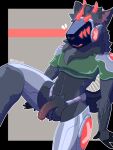 2026 3:4 acroposthion anthro armor balls black_fingers bottomless clothed clothing crop_top d3xt3r d3xter_proto dark_body flaccid foreskin genitals green_clothing green_shirt green_topwear hair hi_res horn humanoid_genitalia led_light long_hair machine male nude penis protogen protogen_visor provocative red_horn shirt solo topwear unretracted_foreskin