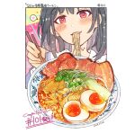  1girl black_hair blush bowl chopsticks dated eating egg english_text eyebrows_visible_through_hair food food_focus garnish halfboiled_egg heart holding holding_chopsticks looking_at_viewer meat momiji_mao noodles original ramen red_eyes simple_background smile solo soup sparkle speech_bubble translation_request utensil vegetable white_background 
