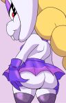 anthro big_butt big_head blonde_hair bottomwear braided_hair broodal buckteeth butt butt_focus butt_grab clothed clothing dress female fishnet_clothing fishnet_legwear fur gloves hair hand_on_butt handwear hariet_(mario) impstripe lagomorph legwear leporid long_ears makeup mammal mario_bros miniskirt nintendo no_underwear partially_clothed purple_clothing rabbit red_eyes skimpy skirt solo strapless_clothing strapless_dress super_mario_odyssey teeth thick_thighs white_body white_fur