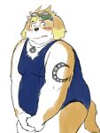  anthro belly canid canine canis clothing covering covering_self domestic_dog embarrassed eyewear floppy_ears fur goggles hi_res hisaki_(live-a-hero) jewelry live-a-hero male mammal multicolored_body multicolored_fur necklace one-piece_swimsuit slightly_chubby solo swimwear tattoo yaki_atsuage 