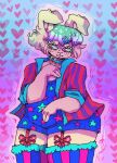 2017 aliasing ambiguous_gender animal_humanoid blonde_hair blue_collar brown_eyes clothed clothing collar digital_drawing_(artwork) digital_media_(artwork) eyelashes freckled_face freckles fully_clothed garter_straps hair heart_symbol humanoid jacket lagomorph lagomorph_humanoid legwear leporid_humanoid mammal mammal_humanoid pattern_clothing pattern_jacket pattern_topwear rabbit_humanoid shaded solo sparkles sparkling_hair star_print stockings striped_clothing striped_jacket striped_topwear stripes suippupupu topwear