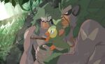  bright_pupils closed_mouth commentary_request day gen_8_pokemon grookey holding holding_stick leaf open_mouth orange_eyes outdoors plant pokemon pokemon_(creature) rain rillaboom sekinoetc12z smile starter_pokemon stick vines water_drop 