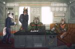 2026 absurd_res accessory aleksei_northtrop_(tibetanwolf) anthro artist_name belt beret black_body black_fur blue_clothing brown_body brown_clothing brown_fur canid canine canis cassette_futurism clothing computer container coyote cup desk dobermann domestic_dog electronics footwear frencore fur furniture garrett_steele_(tibetanwolf) green_clothing group hands_behind_back hat headgear headwear hi_res holding_object inside jackal lanyard male mammal mug necktie orange_clothing pen pinscher pockets radio rank reflective_clothing saber scar shirt shoes sitting sofa standing table tail text thomas_speer_(tibetanwolf) topwear uniform uniformed uniformed_male url vance_lycaon_(tibetanwolf) white_body white_clothing white_fur white_shirt white_topwear wolf writing_utensil