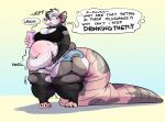 alternative_fashion american_opossum anthro armwear aspen_(kuyowolf) belly belly_grab beverage big_belly big_butt big_tail black_hair bloated blush bottomwear breasts burping butt clothing collar dialogue ear_piercing english_text facial_piercing female fishnet_armwear fishnet_clothing fishnet_legwear fur glowstick glowstick_bracelet grey_body grey_fur hair hi_res huge_belly huge_butt huge_tail huge_thighs ill-fitting_clothing legwear mammal marsupial nonbinary_(lore) nose_piercing nose_ring obese overweight overweight_anthro overweight_female piercing ring_piercing septum_piercing septum_ring shorts spiked_collar spikes standing stretch_marks stuffing tail text thick_thighs torn_clothing virginia_opossum vwyruss weight_conscious weight_gain white_body white_fur white_hair wide_hips