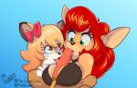 2024 absurd_res anthro between_breasts big_breasts blonde_hair bodily_fluids breasts deer digital_media_(artwork) drooling duo eyebrows female female/female food frenchy_(witchfallgame) hair hi_res holding_another licking_popsicle looking_at_another mammal object_between_breasts phallic phallic_food popsicle popsicle_in_mouth red_hair saliva sophie_(forest_fever) suggestive the_blondeh tongue tongue_out wide_eyed