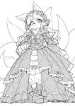 2025 anthro canid canine clothed clothing dress eyebrows fingers footwear fox frilly frilly_clothing frilly_dress frilly_headwear front_view fully_clothed fun_bo fur headgear headwear hi_res looking_at_viewer mammal monochrome multi_tail tail