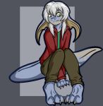 2015 3_fingers 3_toes anthro bangs barefoot bent_legs biped black_eyebrows blue_body blue_skin blue_tail bottomwear brown_bottomwear brown_clothing brown_inner_ear brown_pants cel_shading claws clothed clothing colored digital_drawing_(artwork) digital_media_(artwork) english_description eyebrows fan_character feet finger_claws fingers full-length_portrait green_clothing green_eyes green_shirt green_topwear grey_background grey_claws grey_hair grey_markings grosspotoo hair jacket light lighting long_ears long_tail male male_anthro markings medium_hair mouth_closed mutant_neopet neopet_(species) neopets no_pupils open_clothing open_jacket open_topwear pants portrait rectangle red_clothing red_jacket red_topwear scorchio_(neopets) shaded shirt simple_background sitting solo star_(grosspotoo) straight_arms tail toes topwear two_tone_tail white_sclera