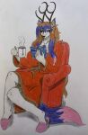 absurd_res alice_in_wonderland anthro antlers armchair bathrobe beverage big_breasts book breasts chair clothing colored_nails container cup dipstick_ears dipstick_hair dipstick_tail drawstring dylanaildon_no_2 ear_markings female footwear forest_spirit freckled_face freckles furniture hair hi_res horn huge_breasts inner_ear_fluff inverted_eyes lipstick long_hair long_nails makeup mammal markings mug multicolored_ears multicolored_hair nails reading red_nails robe shaded shoes simple_background slippers solo tail tail_markings tea_bag tirisk_(dylanaildon_no_2) traditional_media_(artwork) tuft