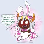 1:1 2025 2_horns 4_eyes absurd_res accessory arachnid arthropod bodily_fluids bow_(feature) bow_ribbon bunny_costume clothing costume dark_body dark_skin dialogue embarrassed english_text erection erection_under_clothing fangs floating_hands flustered grey_hair hair hair_accessory hair_bow hair_ribbon hi_res horn impact_lines kittipaws male multi_eye open_mouth open_smile ribbons simple_background smile solo sparkles speech_bubble spider spidr sweat taranza teeth text unusual_anatomy unusual_eye_placement