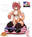 america_ball american_flag anthro beverage bottomwear breasts burger cleavage clothed clothing countryballs crop_top domestic_cat english_text felid feline felis female food greeting hi_res hooters hotpants legwear mammal milkshake shirt shorts solo tank_top text thigh_highs topwear united_states_of_america wide_hips yappcat yumi_(catniplewds)