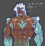 2026 abs annoyed barazoku beard biceps big_muscles big_pecs brown_body clothed clothing dialogue digital_media_(artwork) edgemaster_staal_(the_battle_cats) english_text facial_hair green_eyes grey_background hair hi_res human male mammal mechanical_arm muscular muscular_male nipples not_furry nude nude_male or1on_n1ght pecs simple_background solo suggestive text the_battle_cats topless topless_male tron_lines white_beard white_facial_hair white_hair