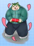  &lt;3 2021 anthro belly black_nose blush bottomwear box_of_chocolates candy canid canine canis chocolate clothing dessert domestic_dog food fur green_body green_fur hi_res holidays humanoid_hands kemono live-a-hero male mammal mokdai overweight overweight_anthro overweight_male pants solo sweater topwear valentine&#039;s_day video_games yuuh1212 