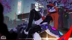 absurd_res anthro cd_projekt_red cherry_blossom clothing clouded_leopard cropped_hoodie cyberpunk cyberpunk_2077 felid flower hi_res latex latex_clothing latex_legwear latex_thigh_highs legwear male mammal neon night_city pantherine plant prunus_(flower) sirius_tau solo suporta thigh_highs vehicle
