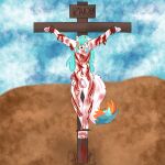 1:1 agonizing anthro arctic_fox blood blood_on_foot blood_on_hand blue_eyes bodily_fluids canid canine crucifixion fox fur gore gore_focus hair hi_res humiliation imminent_death male mammal nailed nude orange_hair orange_tail pain public public_humiliation public_nudity suffering tail true_fox turquoise_hair turquoise_tail unknown_artist white_body white_fur wounded zarek_fox