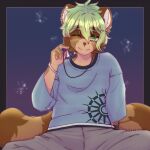 1:1 2026 alternate_species anthro bangs black_border border bottomwear bracelet brown_body brown_fur brown_nose canid canine cheek_tuft claws clothed clothing danganronpa danganronpa_v3 ear_piercing ear_ring facial_tuft fur furrification gradient_background green_eyes green_hair hair hi_res jewelry looking_at_viewer male mammal markings meiho multicolored_body multicolored_fur pants pattern_clothing pattern_shirt pattern_topwear piercing raccoon_dog rantaro_amami ring_piercing shirt simple_background sitting sitting_on_ground smile solo spike_chunsoft striped_clothing striped_markings striped_shirt striped_tail striped_topwear stripes tail tail_markings tanuki topwear tuft white_inner_ear