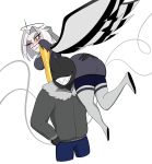 1_horn 2026 angel angel_humanoid back_wings big_breasts black_body blue_bottomwear blue_clothing blue_pants blush boots bottomwear breasts carrying_another clenched_teeth clothing dress duo eyeless feathered_wings feathers female footwear grey_clothing grey_dress grey_jacket grey_topwear grin hair halo hand_on_butt hand_on_hip hazbin_hotel hellaverse hi_res horn horned_humanoid humanoid jacket jeny_312 legwear lute_(hazbin_hotel) male male/female male_carrying_female metal_arm not_furry one_eye_closed pale_skin pants prosthetic prosthetic_arm prosthetic_limb proud pupils shoes short_hair shoulder_carry simple_background slit_pupils smile teeth thigh_boots thigh_highs topwear white_background white_clothing white_hair white_legwear white_thigh_boots white_thigh_highs winged_humanoid wings yellow_eyes