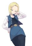 1girl android_18 blonde_hair blue_jacket breasts collarbone denim denim_jacket denim_skirt dragon_ball forehead hatching_(texture) highres jacket linear_hatching looking_down pantyhose simple_background skirt small_breasts solo usatsuka_eiji white_background 