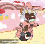 2025 2_horns 4_eyes absurd_res after_sex arachnid arthropod blush bodily_fluids bunny_costume clothing costume cum dark_body dark_skin duo eating fangs floating_hands food genital_fluids genitals gesture grey_body grey_hair grey_skin hair hand_gesture hi_res horn humor kirby_air_riders kittipaws licking looking_pleasured male multi_eye pastry penis plushie pun spider spidr taranza teeth text tongue tongue_out torn_clothing unusual_anatomy unusual_eye_placement unusual_genitalia unusual_penis v_sign wheelie_scooter_(kirby)