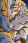 anthro barazoku biceps black_stripes blush blush_lines bodily_fluids body_worship canid canine canis duo erection facial_scar felid fur genital_fluids genital_worship genitals hi_res humanoid_genitalia humanoid_penis kemono male male/male mammal muscular muscular_anthro muscular_male nude nude_anthro nude_male orange_body orange_fur pantherine penile penis penis_worship pointy_ears precum pubes saliva saliva_on_tongue samoji scar striped_body striped_fur stripes tiger wolf