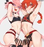  2boys alexander_(fate) armpits arms_up astolfo_(fate) belt black_legwear braid breath bulge covered_nipples covered_penis crop_top crossdressing fate/apocrypha fate/grand_order fate_(series) jtveemo large_penis licking_lips looking_at_viewer male_focus midriff multicolored_hair multiple_boys multiple_penises navel otoko_no_ko pelvic_curtain penis penises_touching pink_hair presenting_armpit purple_eyes red_belt red_eyes red_hair skirt small_penis smile spread_armpit stomach streaked_hair thighhighs toned toned_male tongue tongue_out twitter_username yaoi 