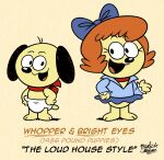 2018 accessory bird_dog black_ears black_nose blue_bottomwear blue_clothing blue_dress_shirt blue_hair_bow blue_skirt bottomwear bouffant_haircut bow_ribbon bright_eyes_(pound_puppies) canid canine canis clothing collar diaper different_artstyle domestic_dog duo english_text female feral fur hair hair_accessory hair_bow hair_ribbon hasbro hunting_dog kerchief labrador male mammal mast3r-rainb0w nickelodeon orange_hair pound_puppies pound_puppies_(1986) red_collar red_kerchief retriever ribbons skirt text the_loud_house whopper_(pound_puppies) yellow_body yellow_fur