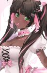  1girl :3 bandaid beads bow breasts brown_hair character_name chocolate cleavage collar collarbone colored_inner_hair cross-laced_clothes dark_skin dark_skinned_female dress ear_piercing eyebrows_visible_through_hair fluffy flying_sweatdrops food_in_mouth frilled_dress frills green_eyes hair_tie heart highres large_breasts latin_cross miu_(unxi) multicolored_hair my_melody original pearl_(gemstone) piercing pink_bow pink_hair puffy_short_sleeves puffy_sleeves ringed_eyes short_sleeves simple_background streaked_hair sweat tattoo unxi white_background 