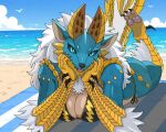 anthro beach big_breasts bikini breasts capcom claws clothed clothing fanged_wyvern female fur hair horn monster_hunter outside sand scales scalie seaside sky solo swimwear two-piece_swimsuit water wonderin_dragon zinogre