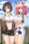  2girls ahoge azur_lane baltimore_(azur_lane) baltimore_(black_ace)_(azur_lane) bare_arms bare_shoulders bike_shorts black_choker black_jacket black_shorts bottle braid breasts bremerton_(azur_lane) bremerton_(scorching-hot_training)_(azur_lane) brown_hair choker cleavage collarbone crop_top crop_top_overhang hair_ornament hairclip highres holding jacket jewelry large_breasts long_hair long_sleeves looking_at_viewer midriff miniskirt mole mole_under_eye multicolored_hair multiple_girls navel necklace off_shoulder open_clothes open_jacket open_mouth pink_eyes pink_hair pleated_skirt shirt short_hair short_shorts shorts shoulder_tattoo skirt sleeveless sleeveless_shirt smile sports_bra sportswear standing streaked_hair sweatband tattoo tennis_uniform thighs tio_(005) twintails white_shirt white_skirt yellow_eyes 