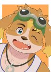  anthro canid canine canis clothing domestic_dog eyewear floppy_ears fur goggles hi_res hisaki_(live-a-hero) jewelry live-a-hero male mammal morosuhe multicolored_body multicolored_fur necklace one_eye_closed shirt smile solo tank_top topwear wink 