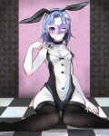 1girl animal_ears bangs black_eyes black_hairband black_legwear black_leotard blue_hair blush breasts bunny_ears card checkered checkered_floor choker cleavage closed_mouth colored_skin commentary_request cookie_(touhou) eyebrows_visible_through_hair feet_out_of_frame flour_(cookie) hairband highres holding_playing_card joker joker_(cookie) kumoi_ichirin leotard looking_at_viewer masquerade_mask medium_breasts mizuhashi_parsee one_eye_closed parted_bangs patterned_background playboy_bunny playing_card shimosuke short_hair smile solo thighhighs touhou white_leotard white_skin 