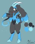  2021 2_fingers 2_horns absurd_res ambiguous_gender anthro black_body black_eyes black_fur blue_background blue_body blue_claws blue_fur blue_hooves blue_horn blue_nose blue_sclera bovid caprine claws fak&eacute;mon finger_claws fingers front_view fur gradient_horns grey_body grey_fur half-closed_eyes hand_on_hip hi_res hooves horizontal_pupils horn looking_away mammal miso_souperstar model_sheet narrowed_eyes nikoza nude open_mouth pupils raised_arm simple_background smile solo standing straps white_horn 