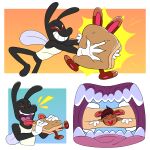 1:1 3_toes 4_fingers absurd_res anthro arthropod big_pawpads big_tongue bread cartoon_gloves cartoon_physics clothing comic dazed dizzy dizzy_eyes duo featureless_feet feet fingers fly_(animal) fly_guy_(lecigzz) food hi_res imminent_vore insect inside_mouth lagomorph lecigzz leporid male male/male mammal open_mouth pawpads pink_tongue rabbit red_sclera red_tongue roderick_(tamerkoh) sandwich_(food) shirt slapstick slapstick_humor tank_top teeth thick_tongue toes tongue tongue_out toony topwear wearing_gloves wearing_shirt wide_tongue wings