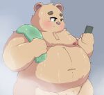  2021 anthro belly blush brown_body brown_fur cellphone fur genitals hi_res humanoid_hands inigo_(kusosensei) kemono kusosensei male mammal moobs navel nipples overweight overweight_anthro overweight_male penis phone smartphone solo towel ursid wet 