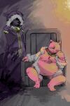 2013 anthro bathrobe bathrobe_only belly big_belly biped bottomless bracelet canid canine canis chain chair claws clothed clothing collar craftwork_story cross-hatching digital_drawing_(artwork) digital_media_(artwork) digital_painting_(artwork) digital_watercolor_(artwork) domestic_pig duo empty_eyes fat_p._pigman feet finger_claws fully_clothed fur fur_trim_(clothing) furgonomic_headwear furgonomics furniture gem gold_(metal) gold_chain gold_collar grey_body grey_fur harold_wise_orphenolen hatching_(art) head_on_hand hidden_eyes hood humanoid_feet japanese_description jewelry long_sleeves looking_at_viewer male mammal metal_collar navel necklace nipples on_chair overweight overweight_anthro overweight_male painting_(artwork) pecs pig_nose pink_body pizademokttero plantigrade ring robe shaded shoulder_pads sitting sitting_on_chair sitting_on_throne smile smiling_at_viewer standing suid suine sus_(pig) tail throne watercolor_(artwork) wolf